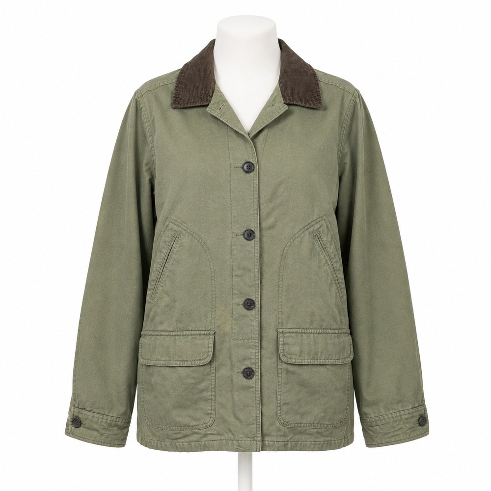 Lands End Womens Barn Jacket Size M Green Chore Coat Corduroy Collar Plaid Lined